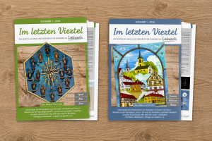 Auf einer Holzplatte liegen zwei Ausgaben des Leinacher Seniorenmagazins mit dem Titel "Im letzten Viertel".